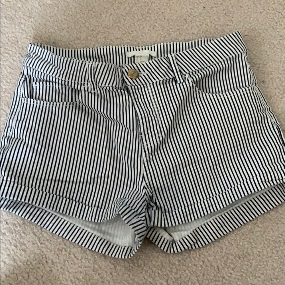 Navy and white striped denim shorts